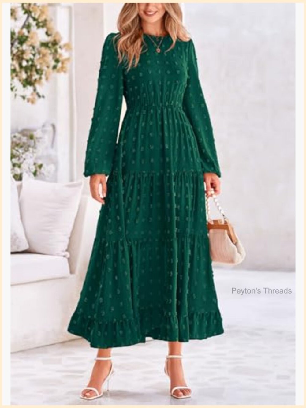 Elegant Long Sleeve Maxi Dress Swiss Dot A-Line Flowy Casual Holiday Party Dress - Picture 4 of 7